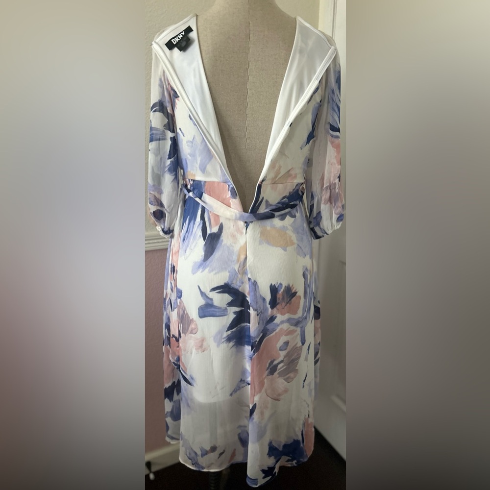DKNY Blue and Pink Wrap Sundress with Bishop Sleeves - Picture 11 of 12